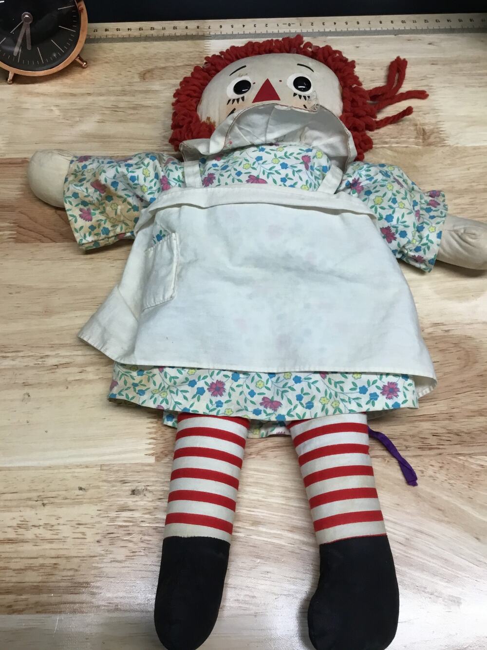 Vintage Raggedy Ann Cloth Red Hair Striped Stockings Embroidered Face Girl Doll